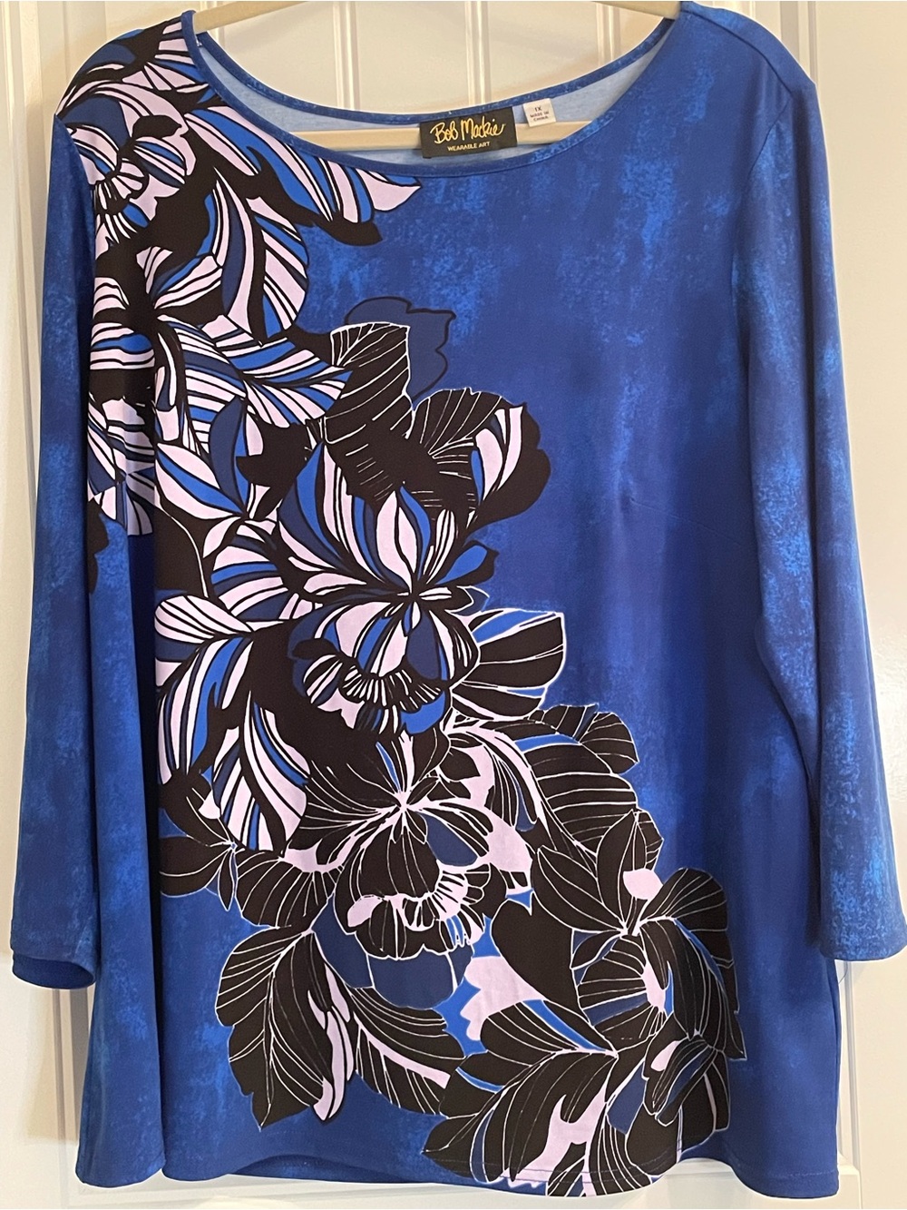 BOB MACKIE Cobalt Blue Floral Scoop-Neck Tunic with Black and White Accents
